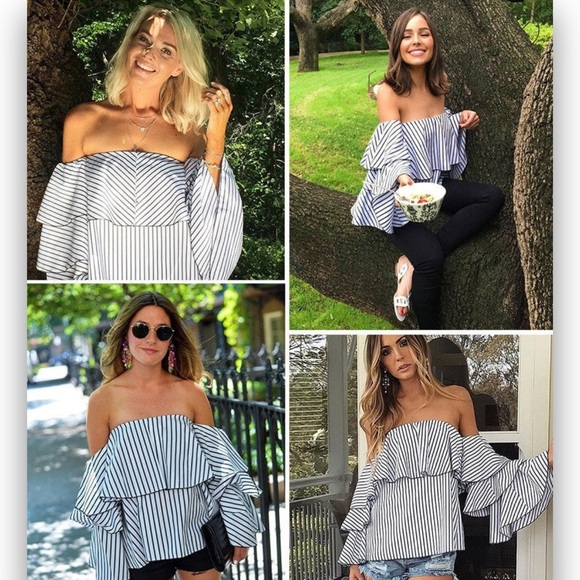 Aqua Blue and White Ruffled Off-Shoulder Blouse M - Picture 3 of 8